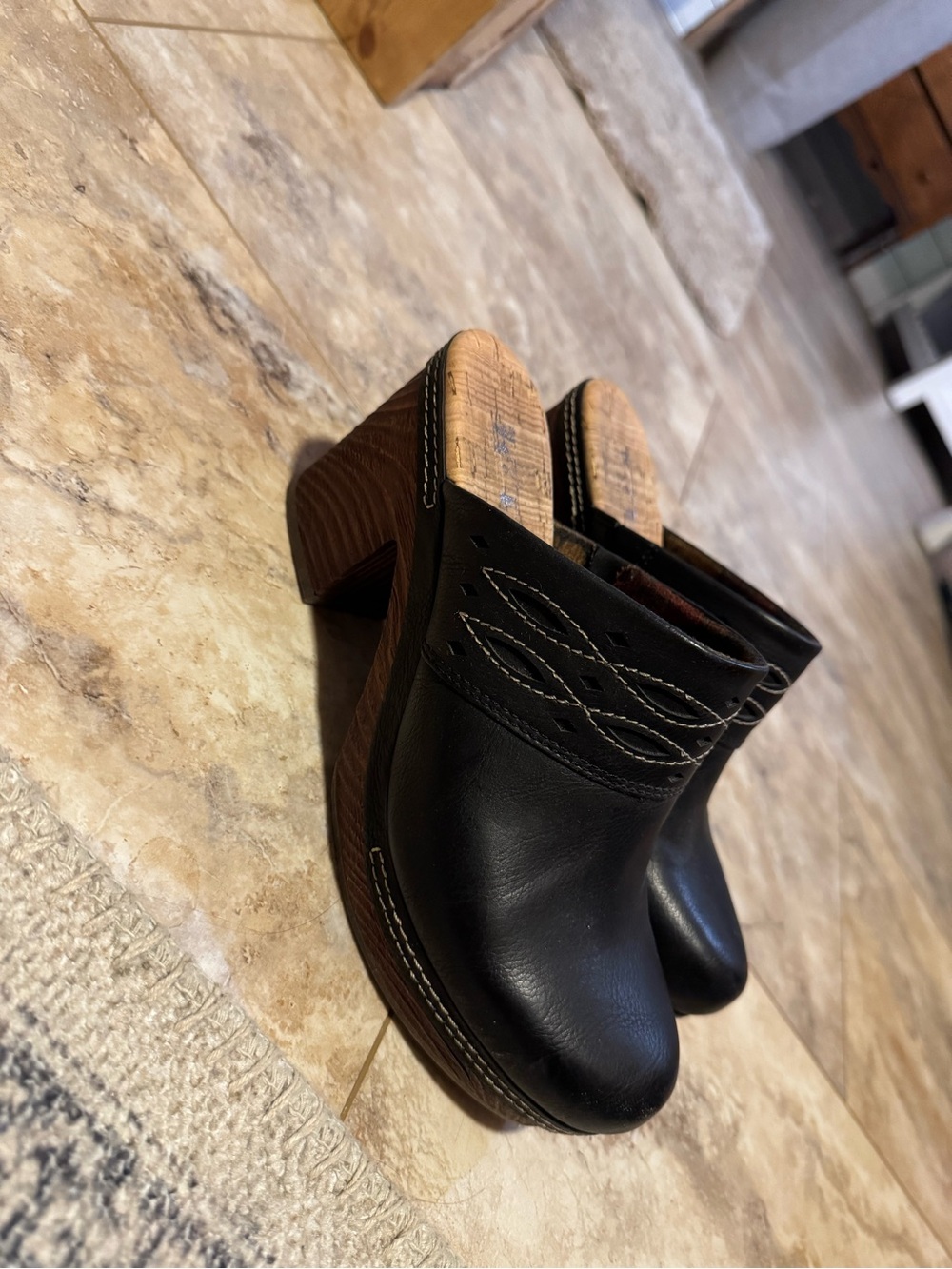 Black Leather Clog Mules with Wood Heel